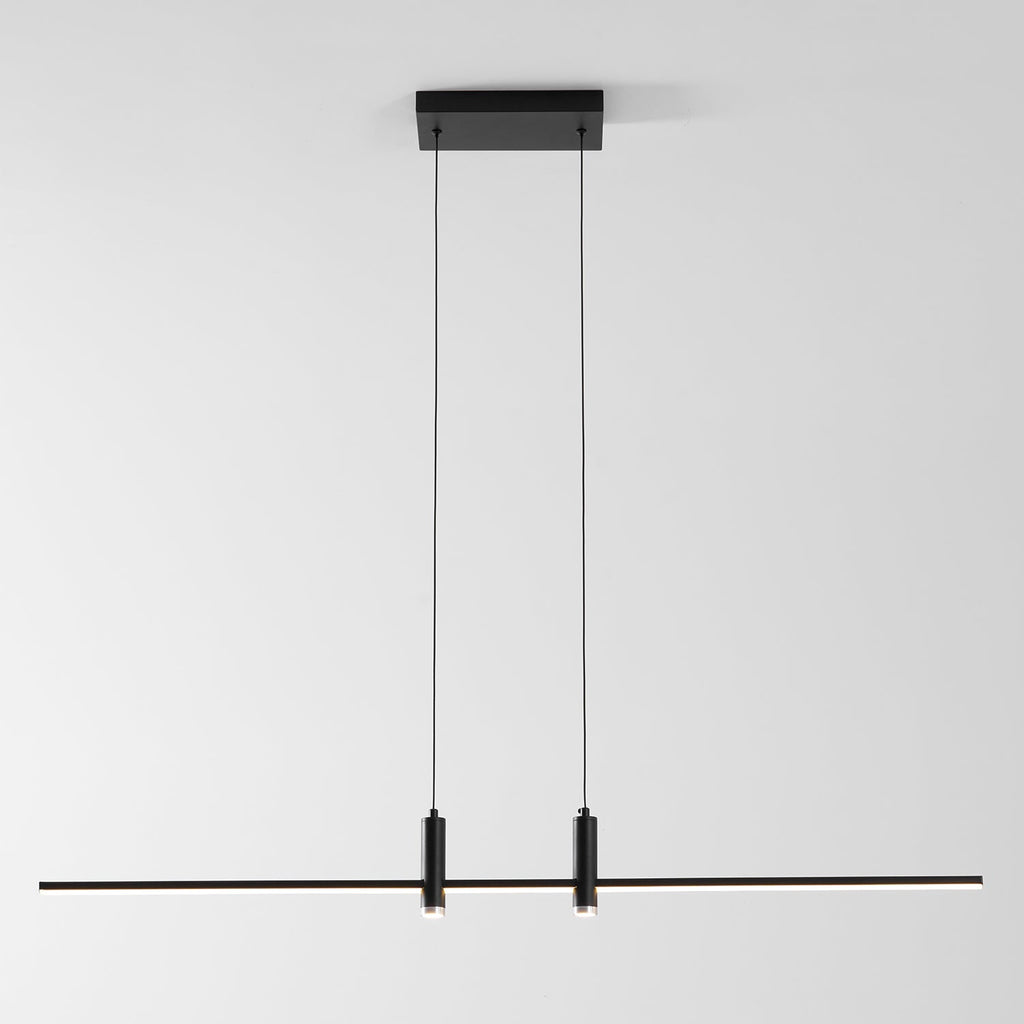 Linear bar pendant light close view of the glowing underside