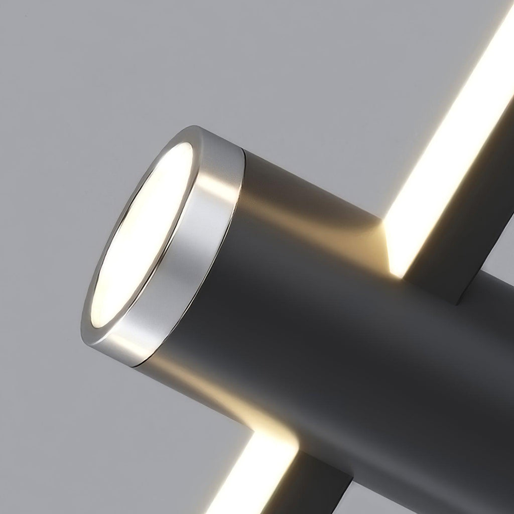 Linear bar pendant light suspended low in a modern room