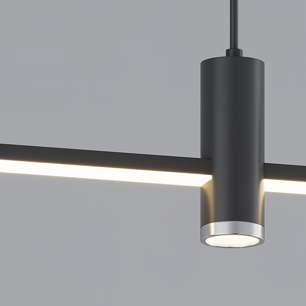 Linear bar pendant light fixture shown from below lit