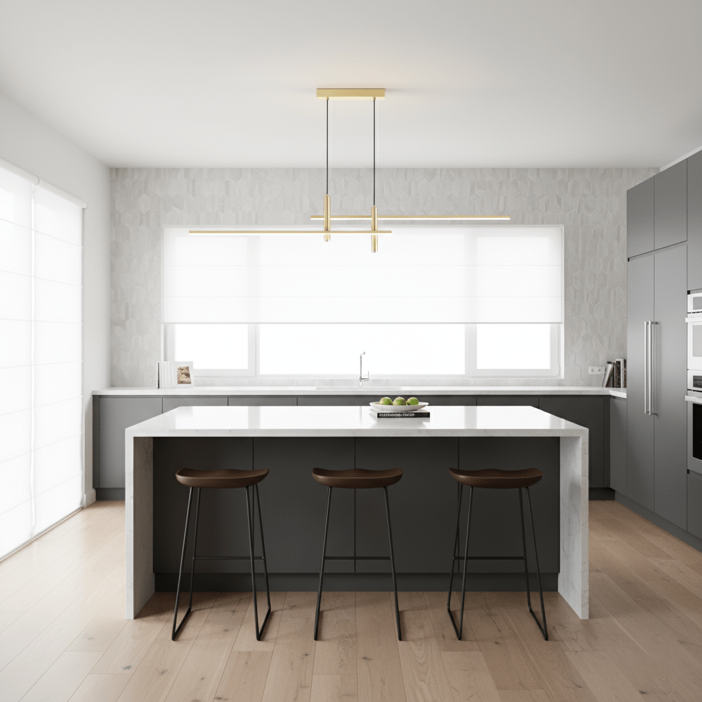Linear pendant light fixture detail showing the slim metal body
