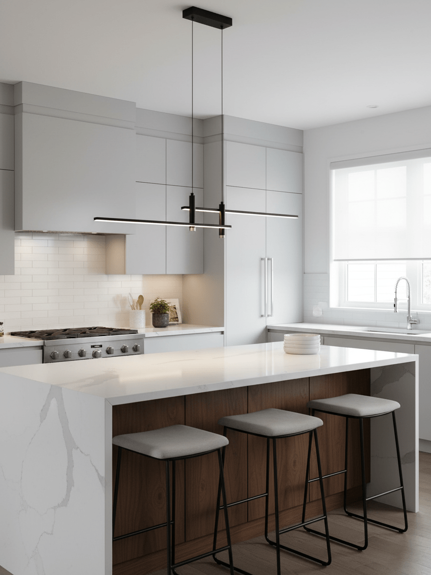 Linear pendant light shown end-on with white shade