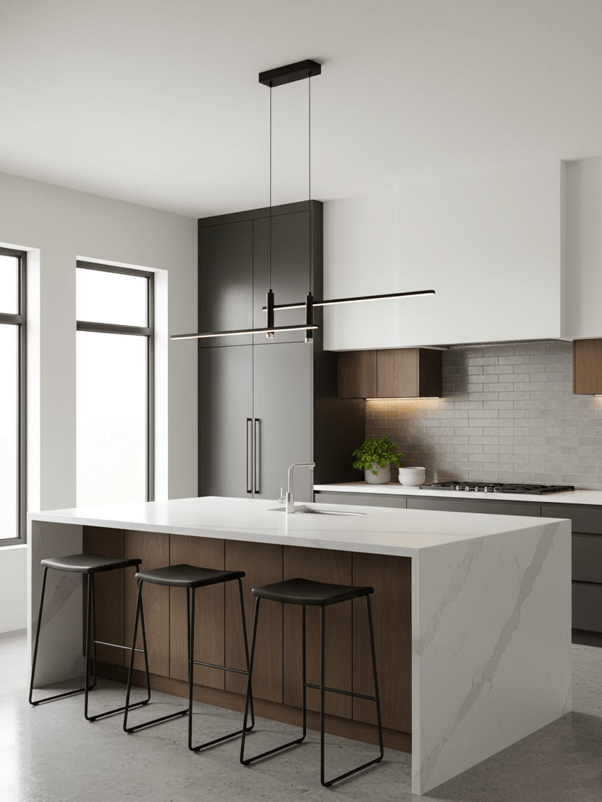 Linear pendant light fixture front view with white diffuser