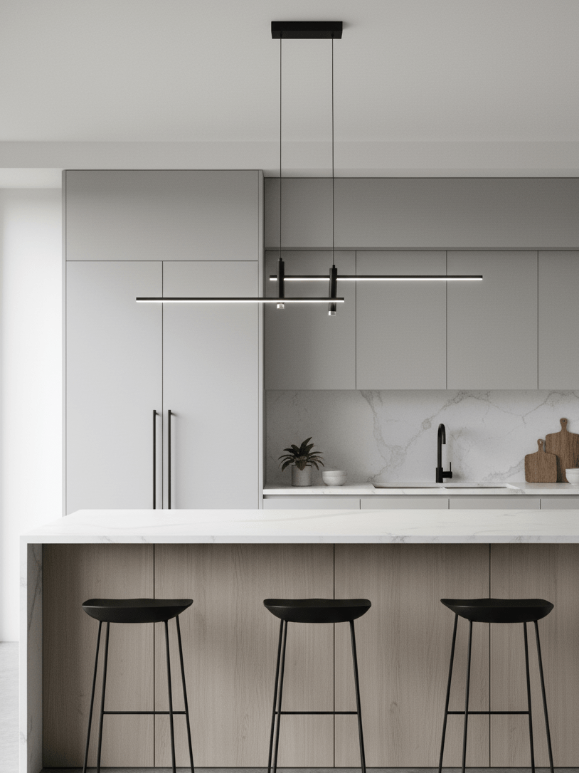 Linear pendant light angled view showing horizontal form