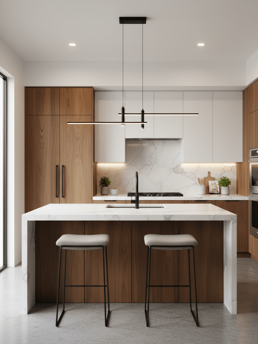 Linear pendant light with even white glow on plain background