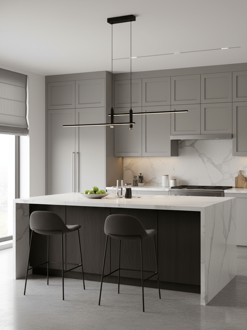 Linear pendant light shown on a plain studio background