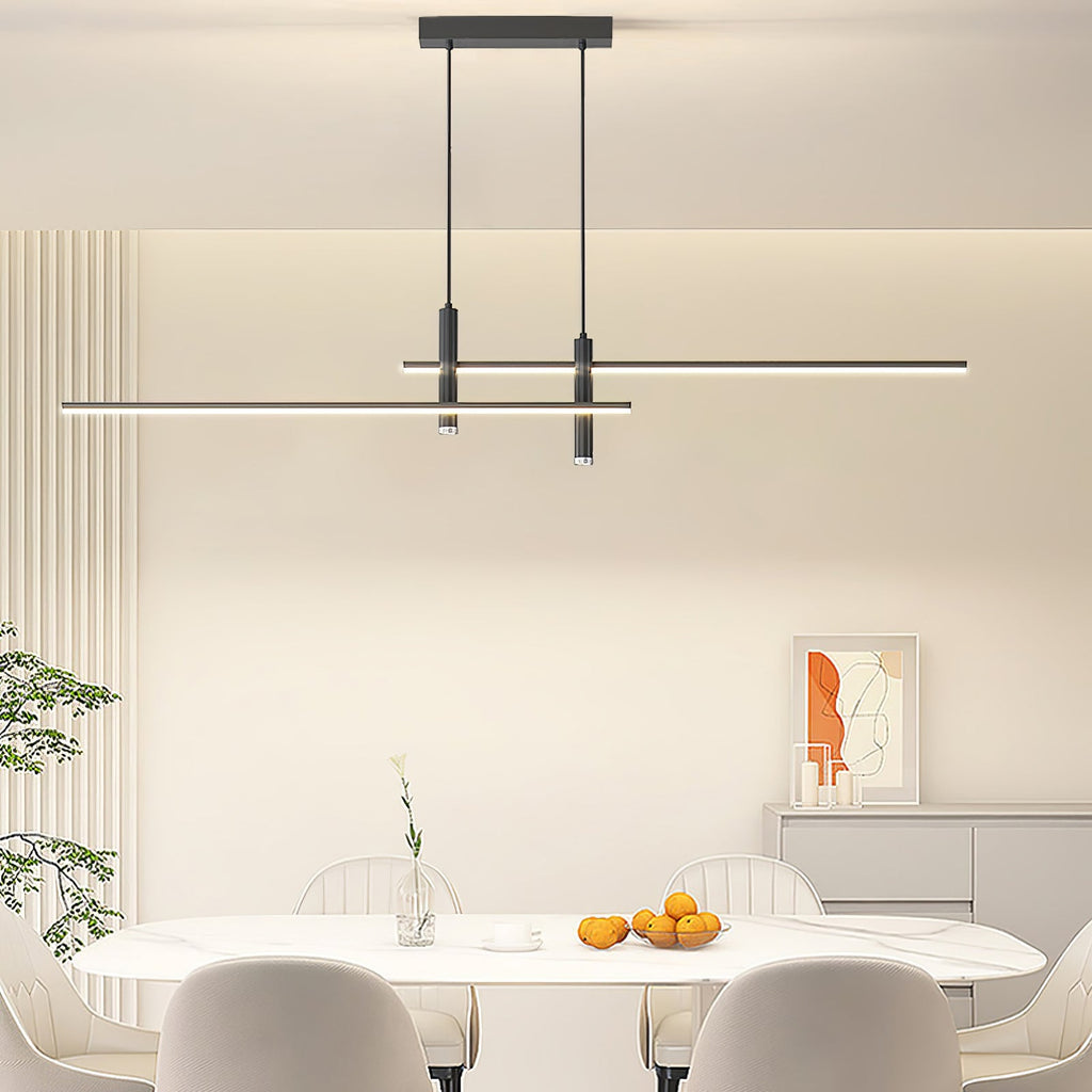 Linear pendant light suspended low in a contemporary kitchen