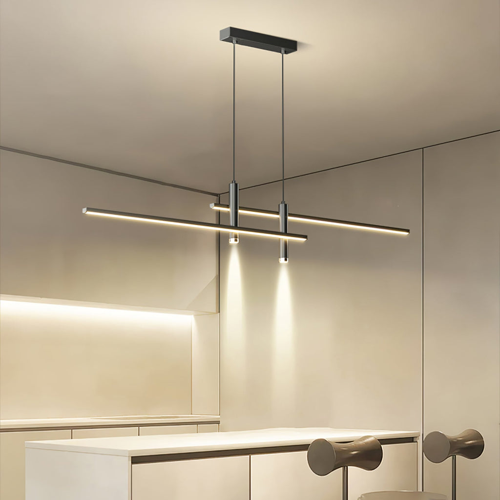 Linear pendant light with slim white shade in a styled room