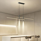 Linear pendant light with slim white shade in a styled room