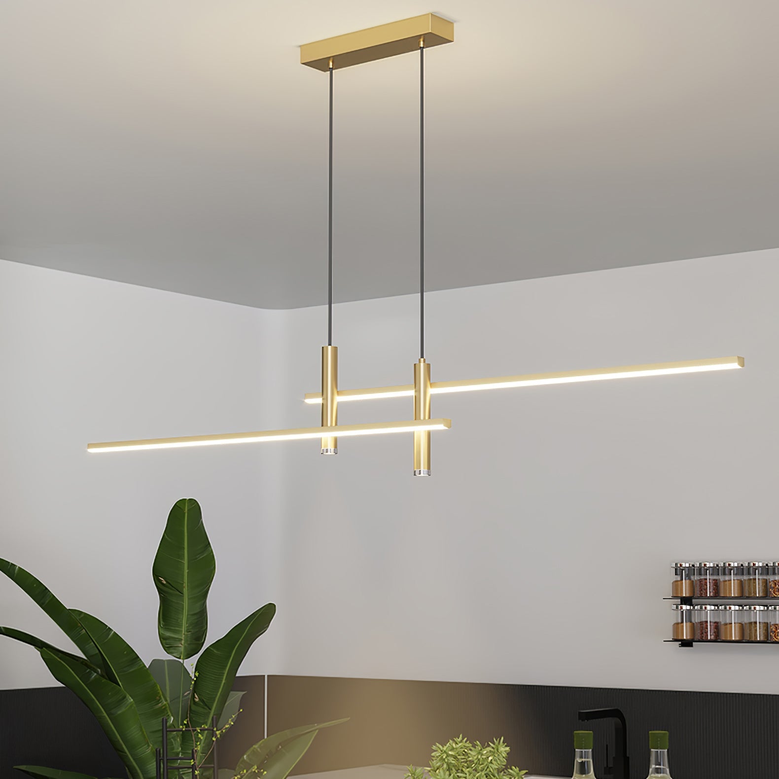 Linear pendant light hung above a kitchen island worktop