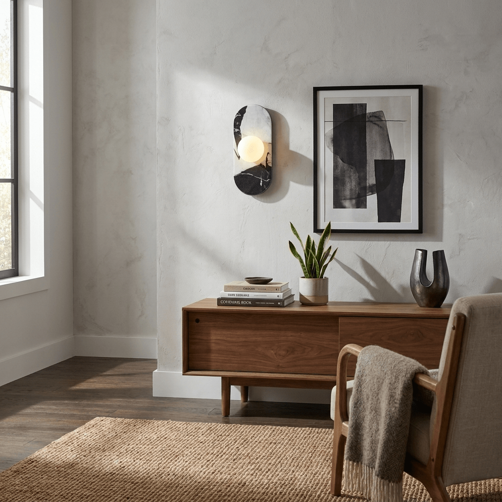The Clérachic wall sconce lights a living room wall beside a framed print, above a walnut console with a draped throw.