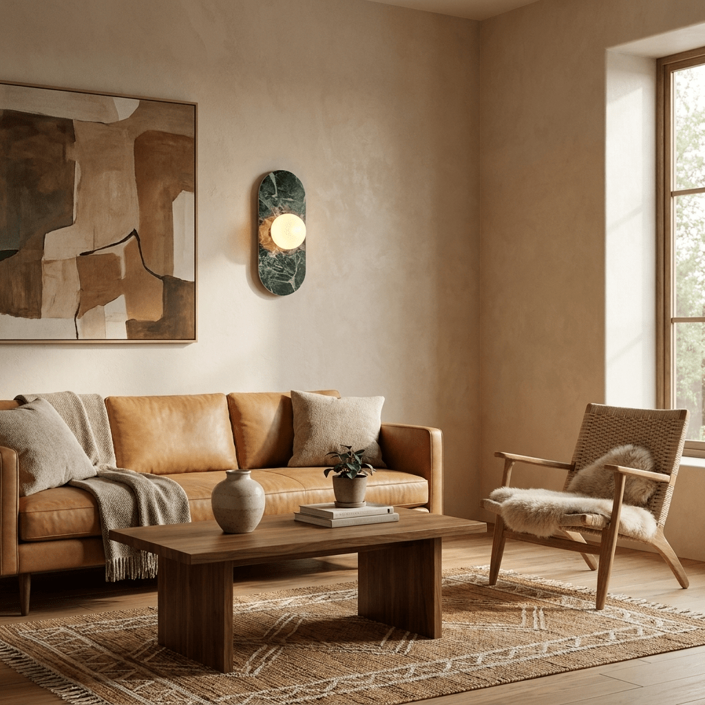 A dark green stone Clérachic wall sconce glows on a warm wall above a sofa and coffee table, near framed art.