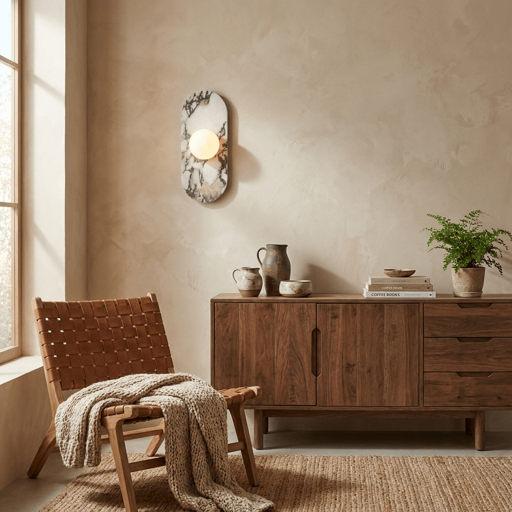 The Clérachic wall sconce glows above a walnut sideboard beside a woven leather chair draped with a knit throw.