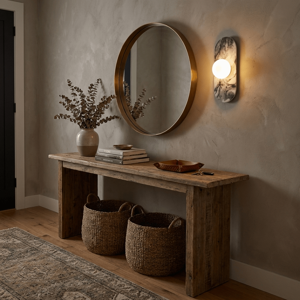 The Clérachic wall sconce lights an entryway wall beside a round mirror, above a console table holding woven baskets.