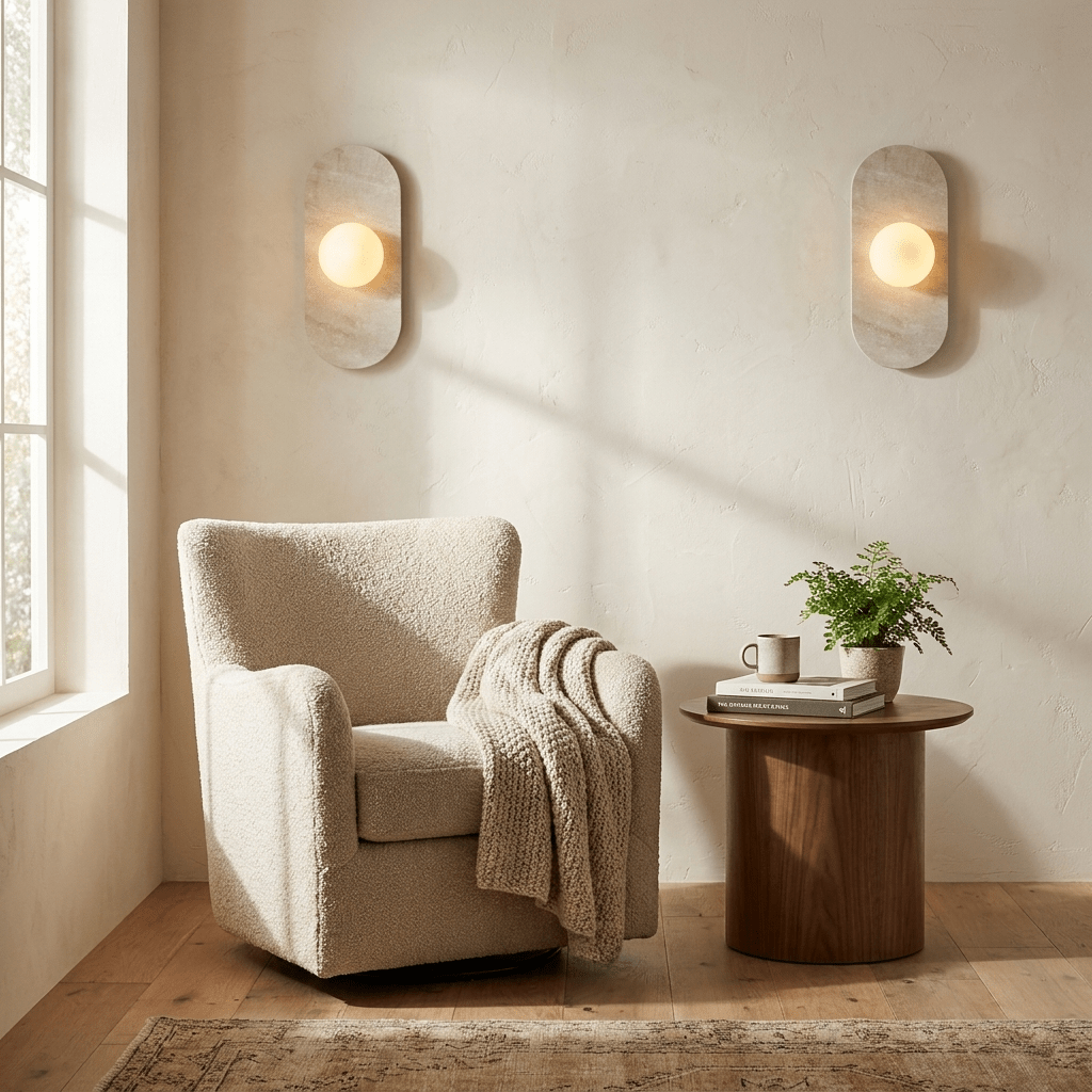 Two beige travertine Clérachic wall sconces flank a window, lighting a reading corner with an armchair and side table.
