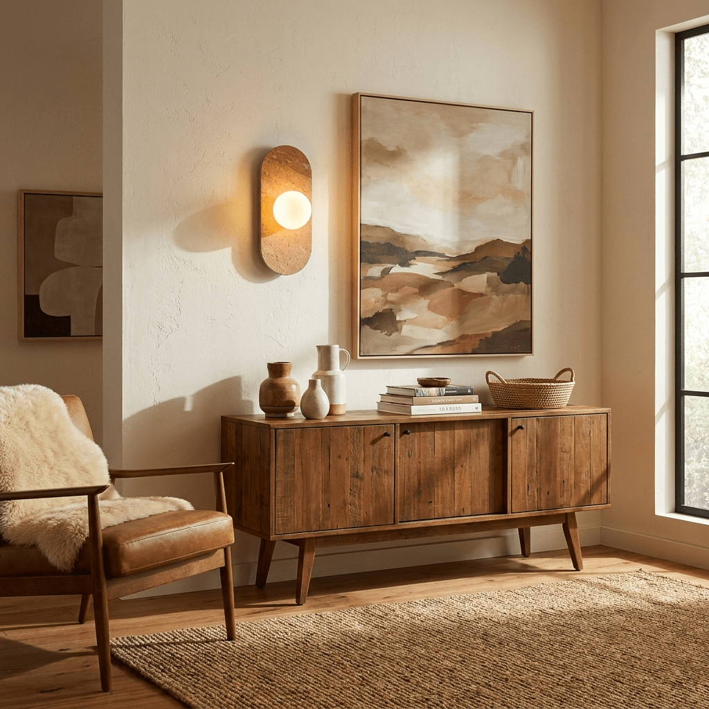 The Clérachic wall sconce glows above a wooden sideboard beside a framed abstract print and a leather armchair.