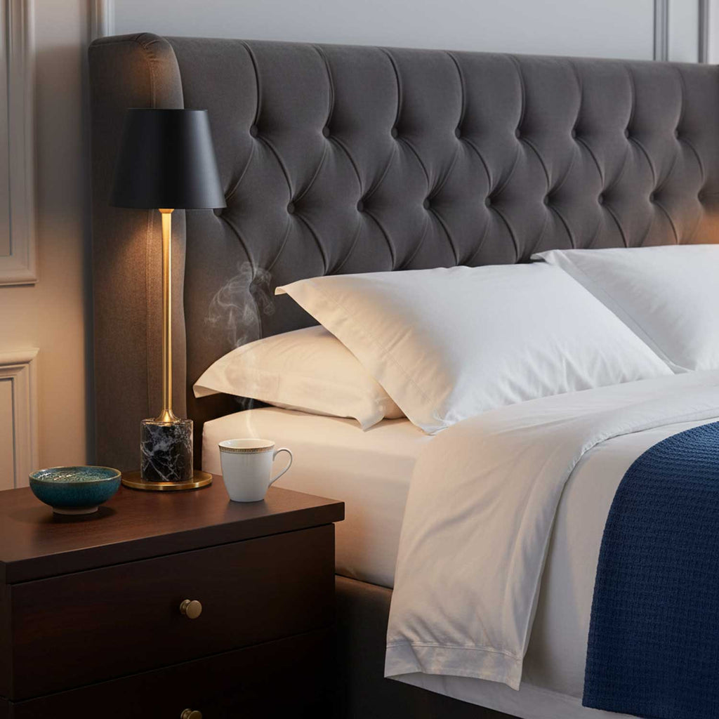 A Clérachic marble table lamp glows on a dark wood nightstand beside a bed, steam rising from a mug set next to it.