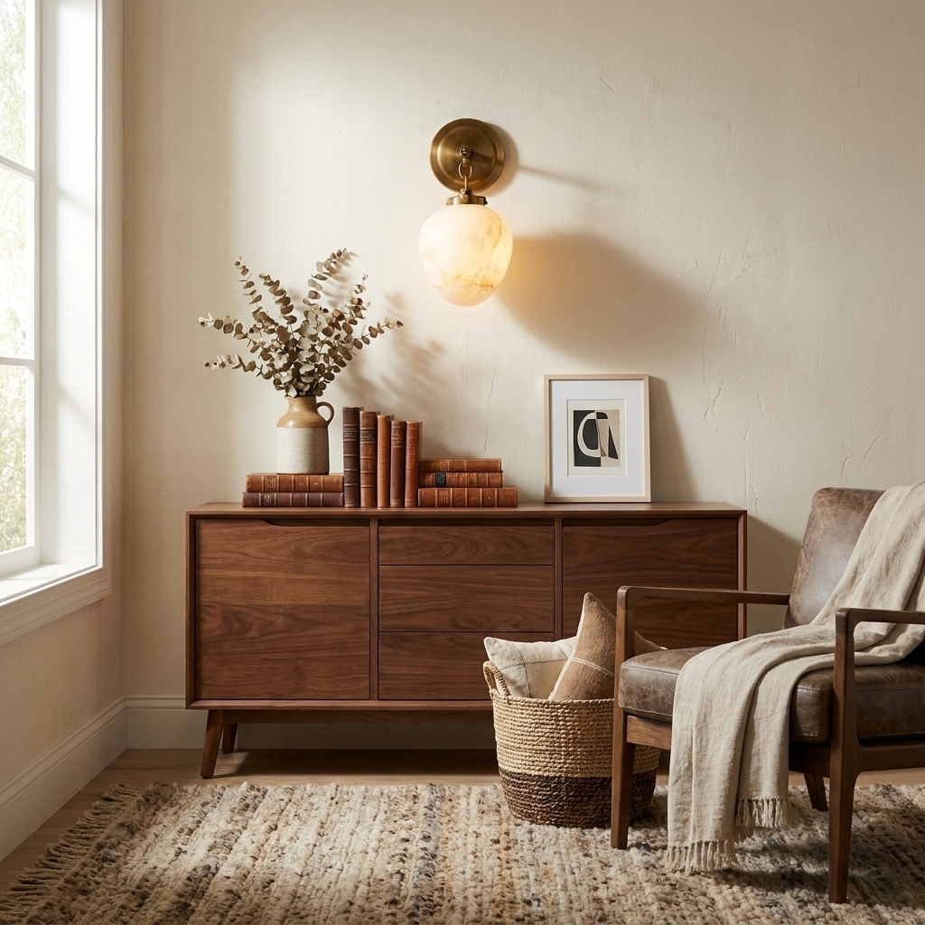 Lit in brass finish, this Clérachic wall sconce hangs above a walnut sideboard with a woven storage basket nearby.