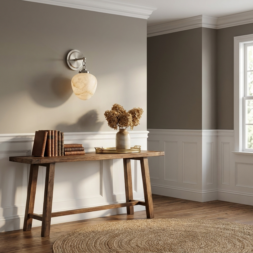 Against a grey wall, this Clérachic wall sconce in satin nickel finish hangs above a narrow wood bench.