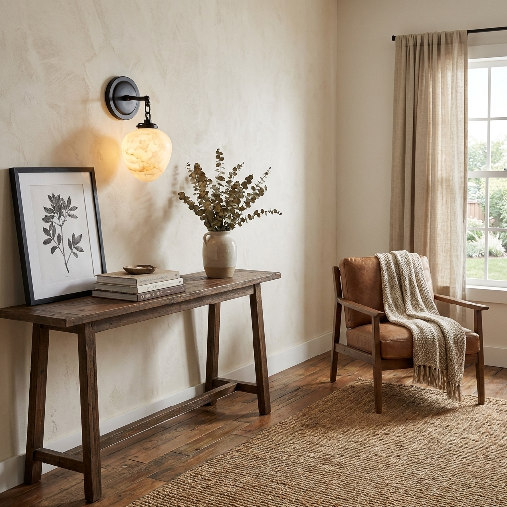 This Clérachic wall sconce in black finish hangs above a wood bench, a framed botanical print leaning nearby.