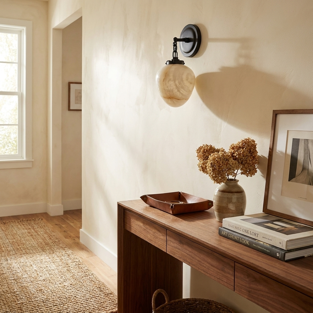 In a hallway, this Clérachic wall sconce in black finish hangs above a walnut console table with dried flowers.