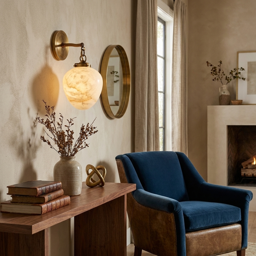 This Clérachic wall sconce in brass finish lights a console table beside a round mirror and a blue velvet armchair.