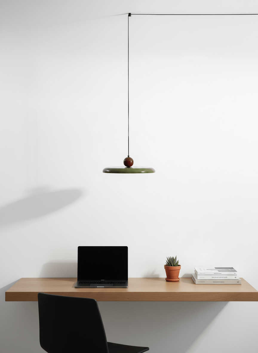 Round disc pendant light shown on a plain studio background