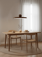 Round disc pendant light detail against a soft neutral background
