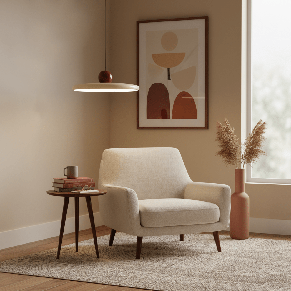 Disc pendant light with warm glow seen from a low angle