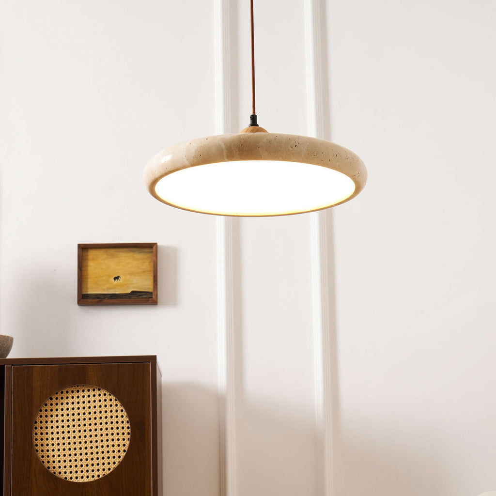 Round travertine stone pendant light with warm wooden frame