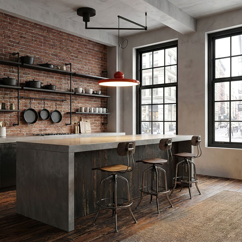 Swing arm pendant light with slim lit disc and contrasting counterweight