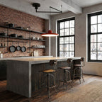 Swing arm pendant light with slim lit disc and contrasting counterweight