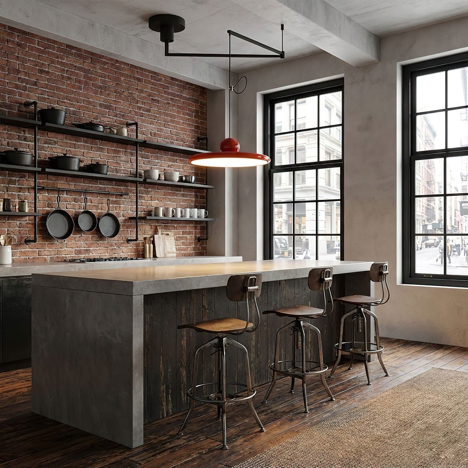Swing arm pendant light with slim lit disc and contrasting counterweight