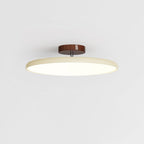 Round ceiling lamp on a swing arm casting warm diffused light