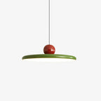 Round disc pendant light shown on a plain studio background