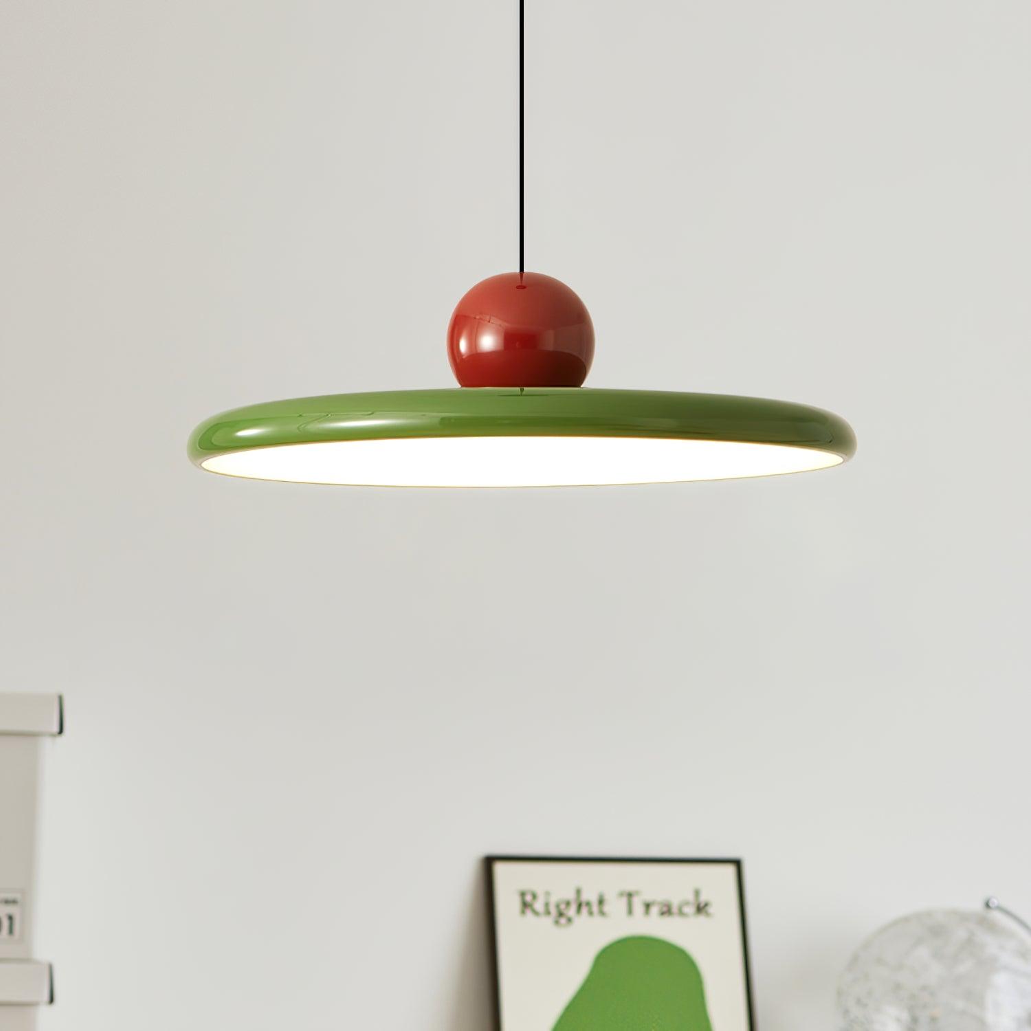 Round disc pendant light close detail of the lit underside