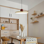 Round disc pendant light lit warmly over a dining table