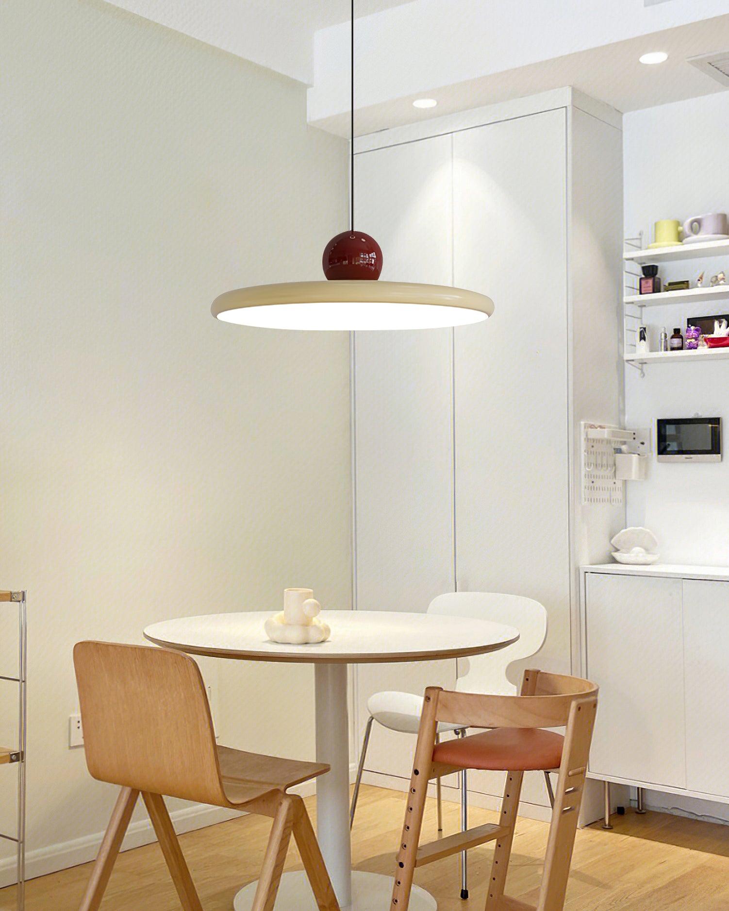 Round disc pendant light front view with white diffuser