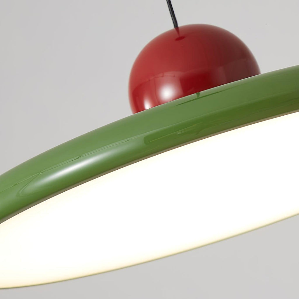 Round disc pendant light angled view of the white shade