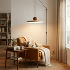 Disc pendant light with integrated LED glowing warm white