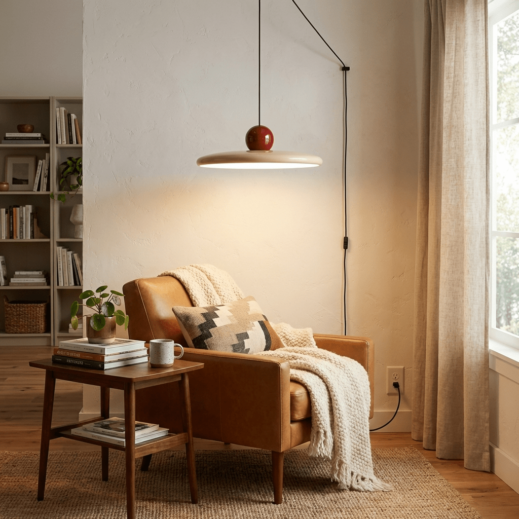 Disc pendant light with integrated LED glowing warm white