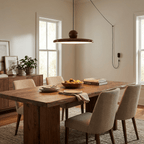Disc pendant light detail showing the flat white acrylic shade