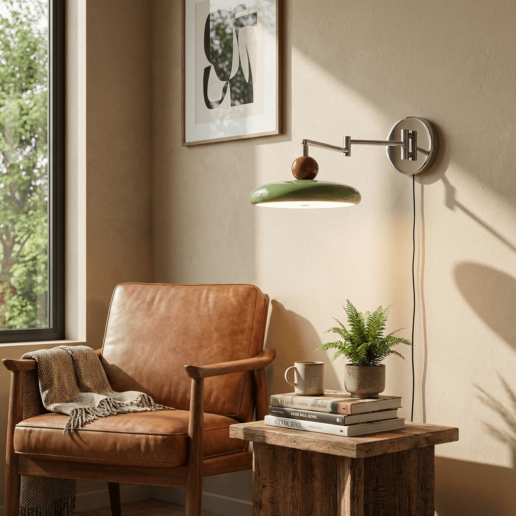 Round disc plug-in wall lamp shown on a plain background