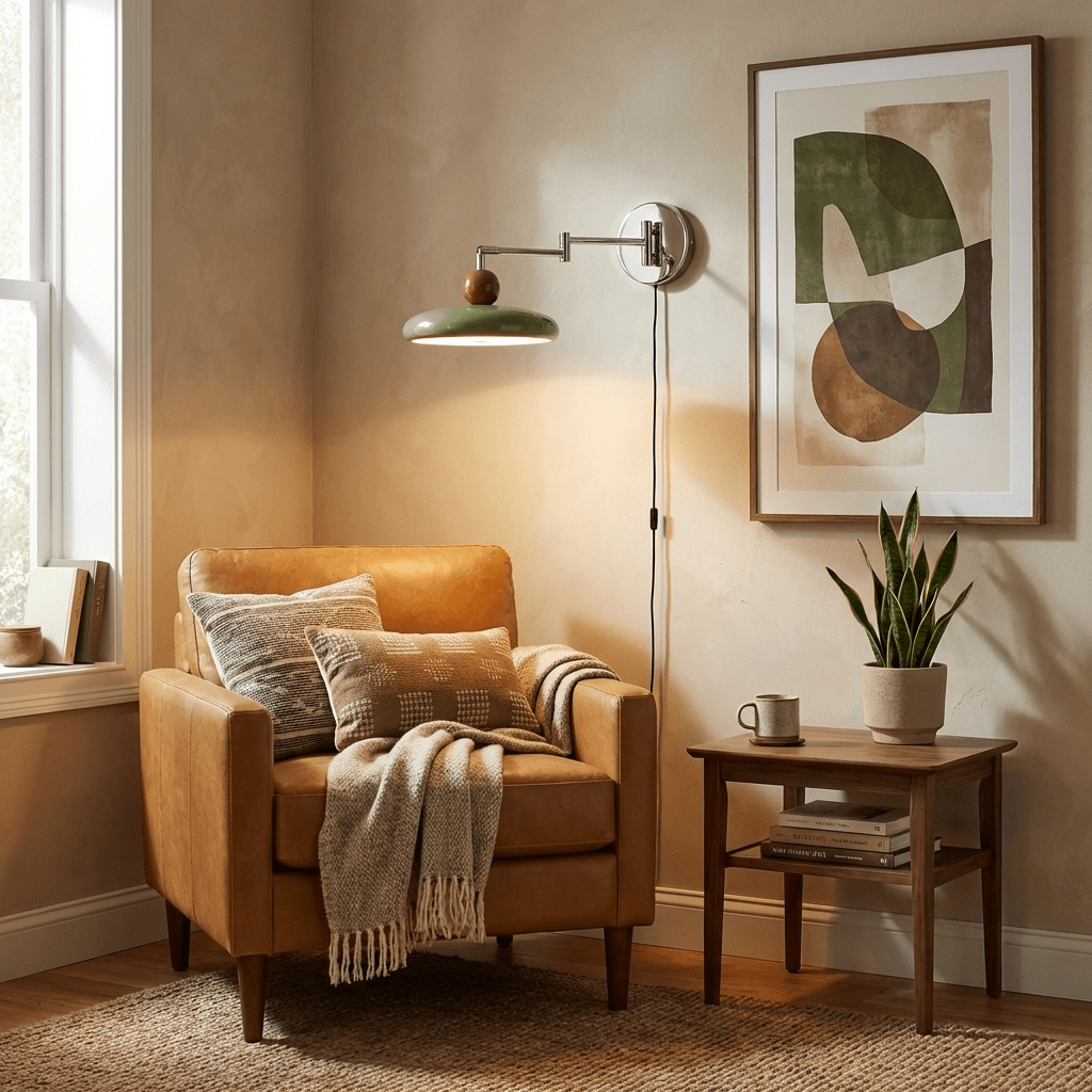Round disc plug-in wall lamp shown lit on a neutral backdrop
