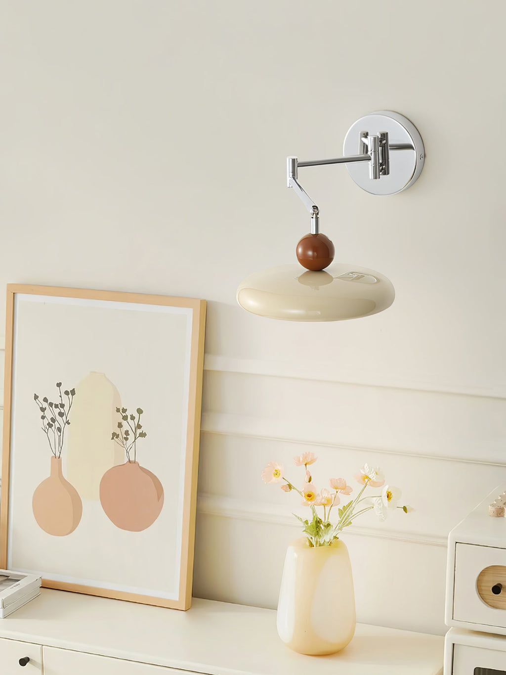 Round disc plug-in wall lamp shown from the side