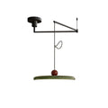 Mid-century swing arm pendant light with lit disc and counterweight