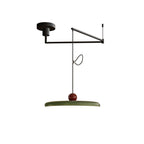 Mid-century swing arm pendant light with lit disc and counterweight