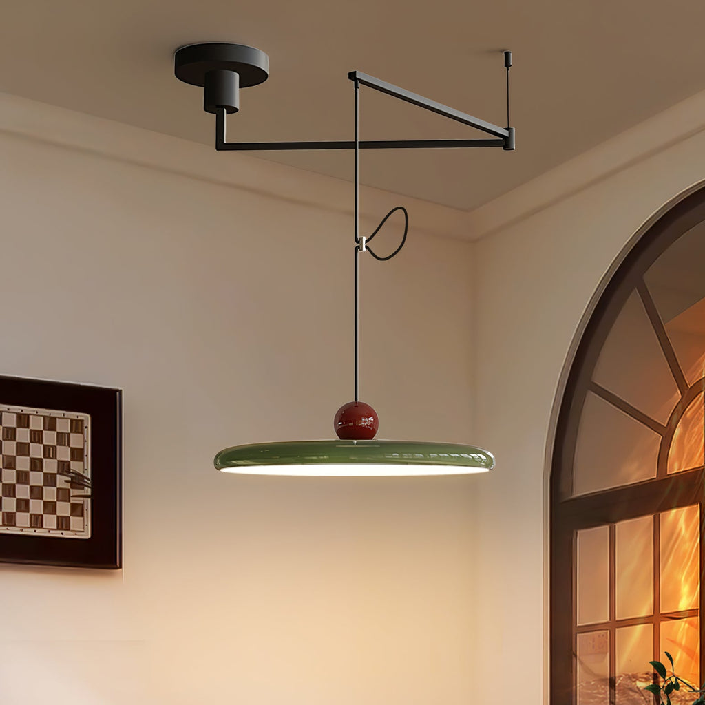 Articulating swing arm pendant light with lit disc and sphere weight