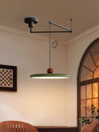 Mid-century disc pendant light with counterweight on a swing arm