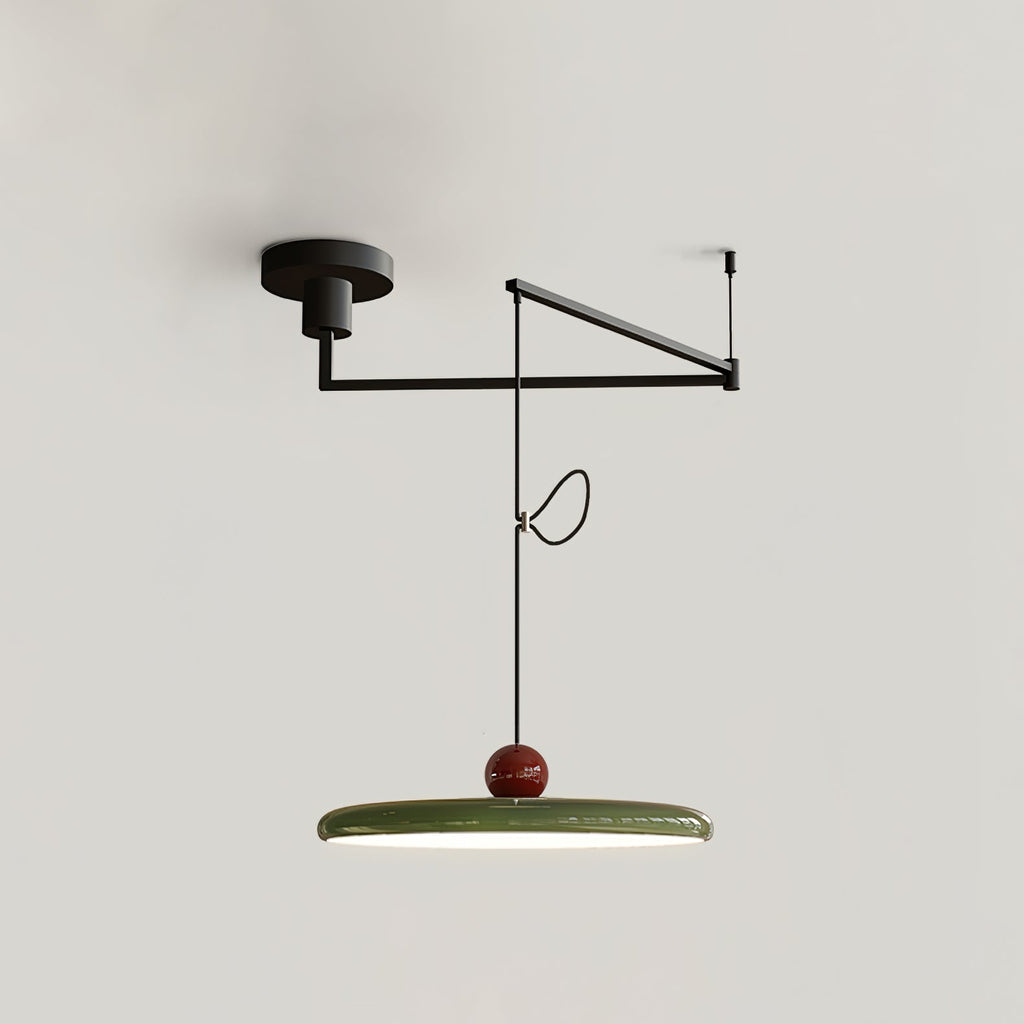 Swing arm pendant light with slim lit disc and round balancing weight