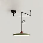 Swing arm pendant light with slim lit disc and round balancing weight